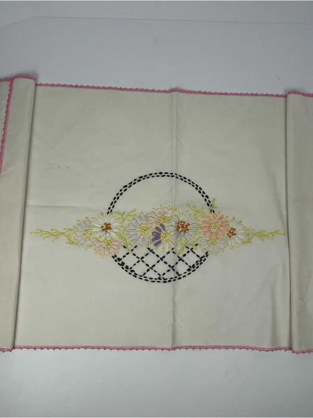 Vintage Embroidered Floral Basket Table Runner Cream Pastel Florals Cottagecore